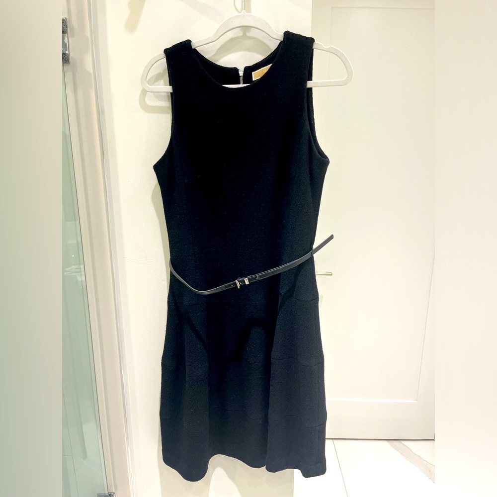 MICHAEL KORS BLACK WOOL DROP-WAIST DRESS WITH BELT